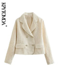 Women Fashion Double Breasted Cropped Tweed Blazer Coat Vintage Long Sleeve Flap Pockets Female Outerwear Chic