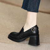 Women's 2025 Spring And Autumn Retro Large Belt Buckle Deep Thick-Sed Thick Heel Round Head Tight With High