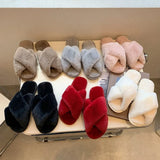 Zingj Slippers Female 2023 Autumn And Winter New Women Flat Toe Home Cross Plush Slippers- Outfit