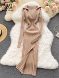 Women Korean Knitted Dress Long Sleeve V Neck Elastic Slim Pencil Dresses 2023 Autumn Sexy Bodycon Split Sweater