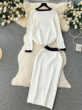 Floral Design Knitted Suits O Neck Loose Pullover+Midi Bodycon Skirt Korean Style Women Autumn Casual Sweater