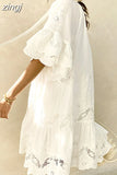 Lace Embroidery Mini Dress Women O Neck Lace Up Dress Female Ruffle Sleeve Tassle Beach Dress Ladies Hollow Out