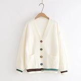 Cardigan Knitted Sweater Women Fashion Lazy Wind Loose Striped Pockets V-neck Long-sleeved Sweater Female