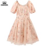 Clothing Dress Lace Broken Flowers V Neck Puff Short Sleeve Vintage Fashion High Waist Baggy Long Skirt Ladies