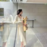 Women Knitted Belt Wrap Dress Elegant Midi Sexy V-Neck Dress Knitwear Ladies