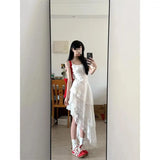 Korean Holiday Style White Lace Splicing Sling Dress Women's 2025 Summer Irregular