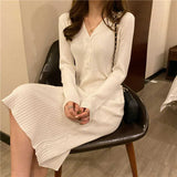 Autumn Winter Women's Woolen V-neck Knitted Party Long Sleeve White Bodycon Casual Dress Elegant Ladies Dresses