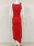 Red 3D Flower Cutout Rhinestone Midi Dress- Outfit