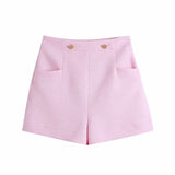 Elegant Texture Pink Shorts 2021 Summer New Za Pockets Waist Side Female Casual Office Lady Chic