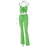 Y2K Streetwear Sexy Bandage Blue Co-ord Suits 2000s Fashion Drawstring Halter Top and High Waist Flare Pants 2 Piece
