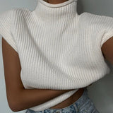 Sweater Turtleneck Sleeveless Women 2020 With Shoulder Pads Knitted Pullover Autumn Winter Jumper Casual Tops