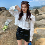 Puff Sleeve Crop Top Pleated Long Sleeve Blouse Women Black White Designer Top High Fashion Spring 2022 Womens