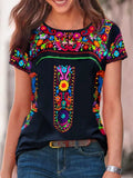 Spring and Summer Women's Blouse Bohemia Printed Round Neck Short Sleeve T-shirt Women's Ethnic Style Street Ladies'