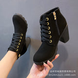 Zingj High Heel Single Boots Belt Buckle Women's Shoes Thick Heel Ankle Boots Round Head Martin Boots Women's Lace-Up Belt And Nude Boots Knight Boots-Outfit