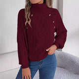 2025 Casual Solid Color Button Stung High-Collar Lantern Sleeve Sweater Women's