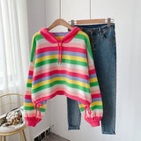 Autumn and Winter Pullover Color Sweater Sweater Women Rainbow Stripes Loose Hooded College Style Short Knit Sweater