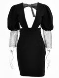 Sexy Puff Crystal Diamond Sleeve Bodycon Dress Women Elegant Backless Mini Dress High Street Black Deep V-neck