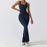 Hollow Backless Scrunch Gym Flare Jumpsuit Sport Leisure Women 1 Piece Clothing Yoga Dance Jump Suit Black Fitness