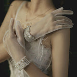 Women Wedding Bridal Short Gloves Net Full Finger See Through Wrist Length Costume Prom Party Gloves With