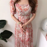 Summer Dress 2021 New Fashion Dress Elegant Square Collar Floral Chiffon Dress Women'S Dress Pleated Long