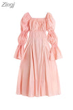 Autumn New Women's Dress French Vintage Sweet Style Hollow-Out Bow Lace-Up Square Collar Puff Sleeve Ladies Long