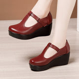 Plus Size 32-43 T Strap Leather Wedges Shoes for Women 2021 High Heels Shoes Ladies Platform Shoes Mother Dance