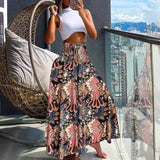 Zingj Women's Bohemian Print Tight Waist Long Skirt