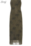 Gothic Grunge Floral Print Slip Mesh Dress Long Ladies Fashion Chic Y2K Double Layer Sexy Maxi Dresses 90s