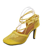 Summer New Fashion Mesh Breathable Square High Heel Fine Heel Tie Women's