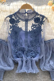 Through Mesh Lace Blouse with Lining Women Elegant Embroidery Floral Lantern Sleeve Slim Short Tops Ladies Sexy Shirts