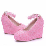 Lace Wedding Shoes Slope Heel Single Shoes Buckle With Slope Heel Shoes Waterproof Table Large Size