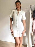 White Knit Short Sleeve Buttoned Mini Dress-Outfit