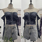 Real Shoot Hottie Sexy Shoulder Bra Strap Chest Mat Blouse Long Sleeves Short-Sleeved Umbilly T-Shirt