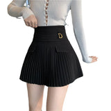 Pleated Skirts Women High Waist Mini Skirt Metal Letter D Design A-Line Clubwear Korean Sexy Streetwear Show Solid