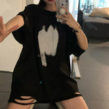 2022 Women's Hole Printed Short Sleeve Harajuku Streetwear Oversized Tee T Shirt Casual Loose All-match Basic Top
