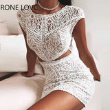 Women Solid Crochet Lace Mesh Mini Dress Elegant Fashion Chic Dress Bodycon
