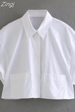 Black Crop Top Women Short Sleeve Cropped Shirt Woman Fashion Loose Summer Blouses For Women 2023 Collared Button Up