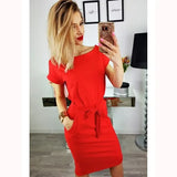 2020 Summer O Neck Bandage Women's Dress Casual Solid Pocket Belt Tunic Package Hip Dress Fashion Bodycon Ladies