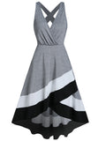Color Low Cut Plunge Colorblock Crisscross High Low Dress Fashion Midi Plunging Neck Sleeveless High Stretch Femme