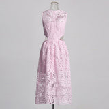 2025 New Fashion Round Collar Solid-Colored Flower Embroidered Lace Hollow Design With High-End Feel Dress