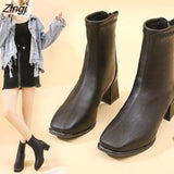 Brand Women Beige 7cm Block High Heels Ankle Boots 2023 Winter Female Square Toe Chelsea Boots High Quality Short