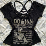 Fairy Cropped Letter Printing V Neck T Shirts + Stripe Grunge Tank Top Women 2024 Summer Y2k Two Pieces Set