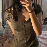 Y2k Short Sleeve T-Shirts Tops for Women Teens Girls Aesthetic Graphic Fairy Grunge Lace Summer Tees