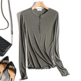 Thin Sexy Elasticity T Shirt Women T-Shirt Long Sleeve Tshirt 2021 Button V Neck Tops Summer Korean Fashion Clothing