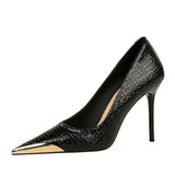 Zingj Retro High Heels Fine Heel Banquet Women Shoes Snake Grain Patent Leather Shallow Mouth Metal Pointed Head High Heel Single