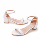 Cm In The Thick Heel, A Word With Sandals Round Head Square Heel Sandals White Bride Wedding Sandals