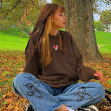 Brown Casual Crewneck Sweatshirt Women Autumn Fashion Printed Pullover Long Sleeve Sweat Shirt Korean