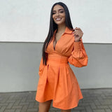 Orange Sheath Corset Blouse-Style Women Dress 2021 New Summer Long Sleeve A-Line High Waist Back Tied Up