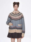 Blue Printed Stand Collar Knitted Cardigan- Outfit