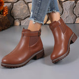 And Winter New Large-Size Women Thick-Bottomed Boots Belt Buckle Decorated Round Head Short Boots